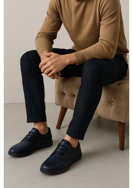 GR0340 Hakiki Deri Streçli Hafif Poli Taban Lastik Bağcık Erkek Günlük Casual Ayakkabı