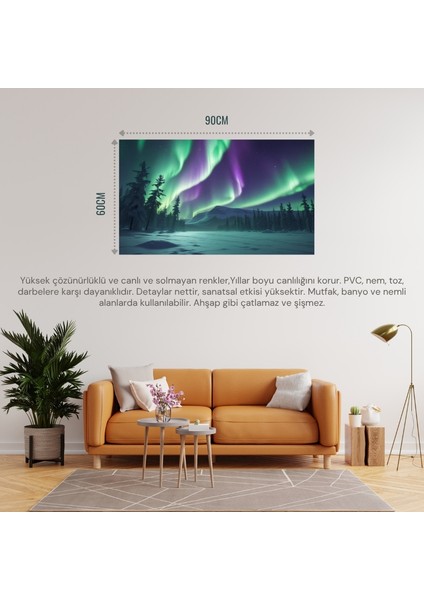 Doğa ve Manzara Yatay Karla Kaplı Ormanın Üzerindeki Kuzey Işıkları 02 Çerçevesiz 90X60CM Pvc Tablo