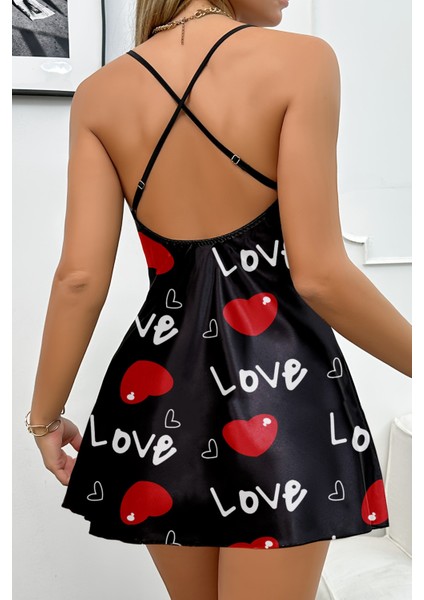 Aşk Temalı Kalp Desenli Siyah Saten Gecelik fiyatları