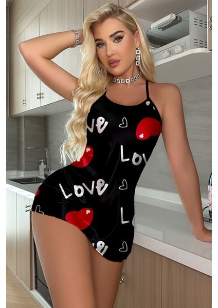 Aşk Temalı Kalp Desenli Siyah Saten Gecelik fırsatları