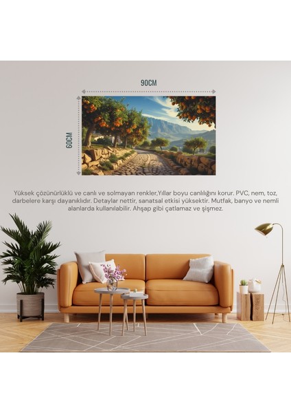 Doğa ve Manzara Yatay Arnavut Kaldırımlı Yol Meyve Ağaçları, Dağlar 08 Çerçevesiz 90X60CM Pvc Tablo