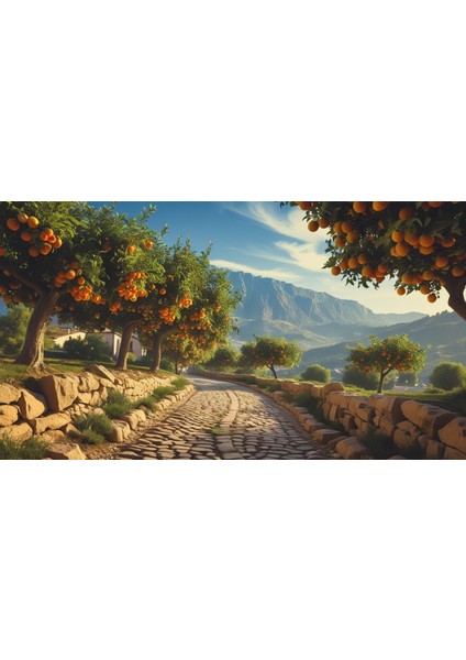 Doğa ve Manzara Yatay Arnavut Kaldırımlı Yol Meyve Ağaçları, Dağlar 08 Çerçevesiz 90X60CM Pvc Tablo fiyatları