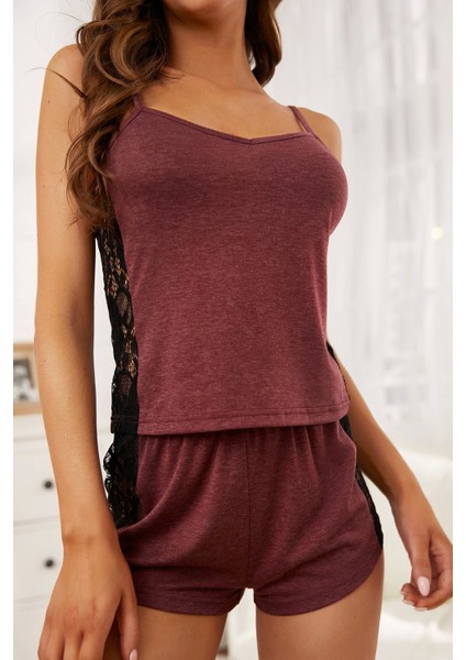 Kadın Bordo Dantelli Şortlu Gecelik Takım fırsatları