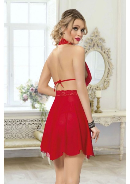 Kadın Kırmızı Çapraz Bağlı Kısa Tül Dantel Gecelik fiyatları