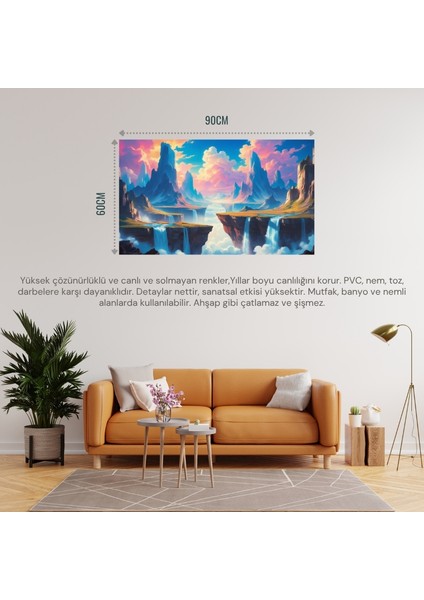 Doğa ve Manzara Yatay Yüzen Dağlar Gökyüzüne Düşen Şelaleler Rüya Gibi Atmosfer 04 Çerçevesiz 90X60CM Pvc Tablo