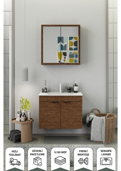 Fix Loft 75 Cm Banyo Dolabı,Seramik Lavabolu, Aynalı,Lavabo Dahil,Mdf,Aybe Kahve