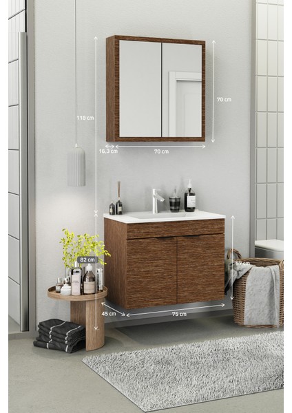 Fix Loft 75 Cm Banyo Dolabı,Seramik Lavabolu, Aynalı,Lavabo Dahil,Mdf,Aybe Kahve modelleri