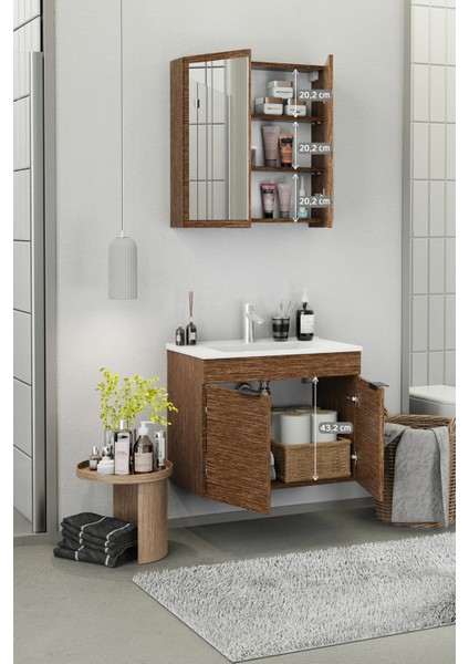 Fix Loft 75 Cm Banyo Dolabı,Seramik Lavabolu, Aynalı,Lavabo Dahil,Mdf,Aybe Kahve fırsatları