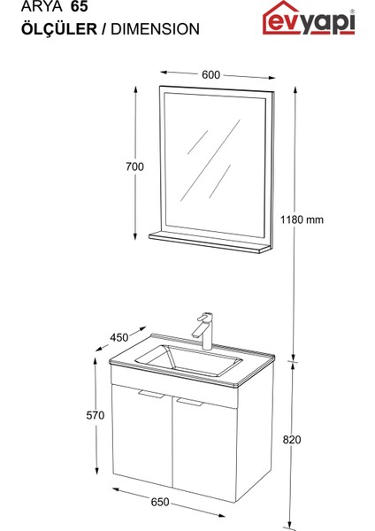 Fix Arya 65 Cm Banyo Dolabı,Seramik Lavabolu, Aynalı,Lavabo Dahil,Mdf,Aybe Kahve