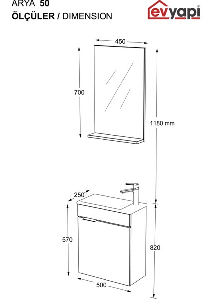 Fix Arya 50 Cm Banyo Dolabı,Seramik Lavabolu, Aynalı,Lavabo Dahil,Mdf,Aybe Kahve
