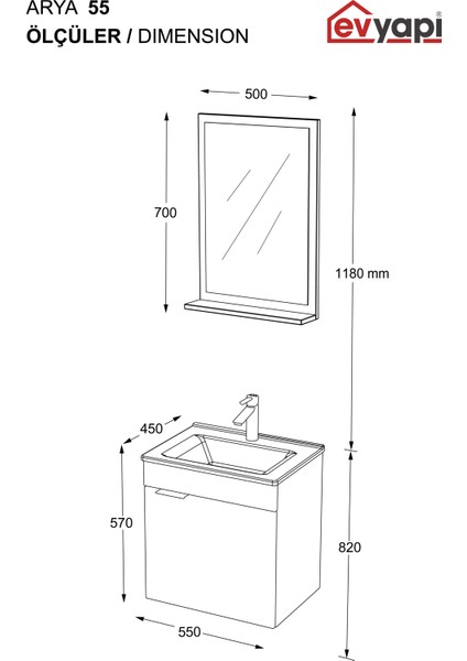 Fix Arya 55 Cm Banyo Dolabı,Seramik Lavabolu, Aynalı,Lavabo Dahil,Mdf,Aybe Kahve