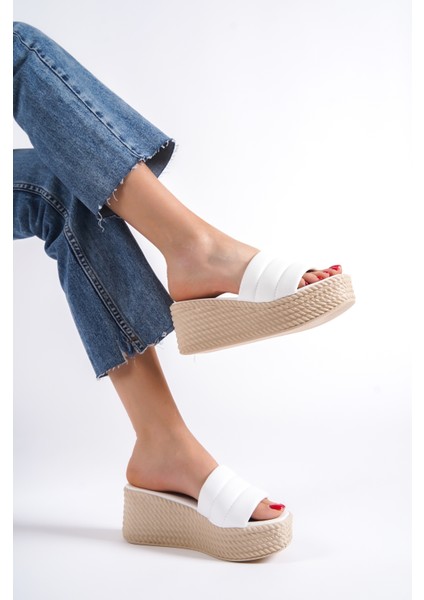 Adara Yüksek/kalın Ortopedik Taban Dolgu Topuklu Kadın Günlük Terlik Kt Beyaz indirimleri