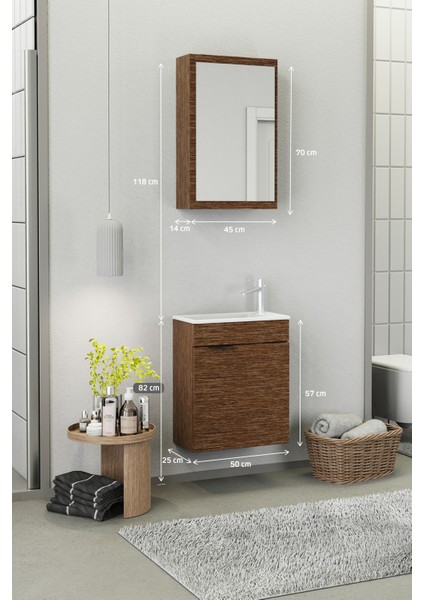Fix Loft 50 Cm Banyo Dolabı,Seramik Lavabolu, Aynalı,Lavabo Dahil,Mdf,Aybe Kahve modelleri