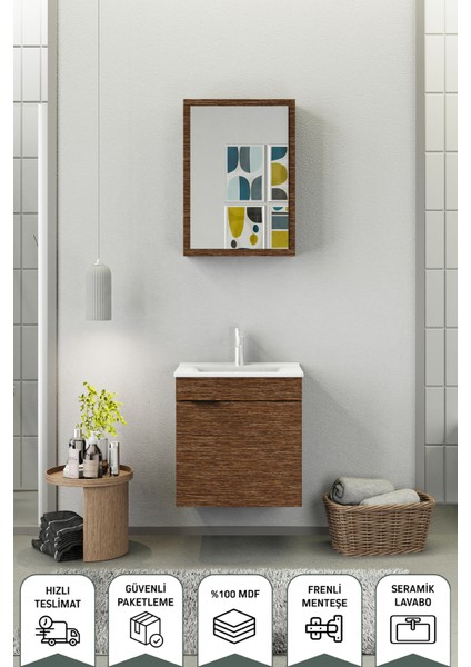 Fix Loft 55 Cm Banyo Dolabı,Seramik Lavabolu, Aynalı,Lavabo Dahil,Mdf,Aybe Kahve