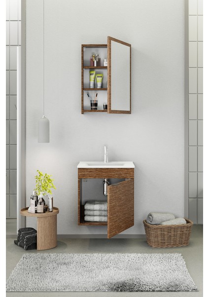 Fix Loft 55 Cm Banyo Dolabı,Seramik Lavabolu, Aynalı,Lavabo Dahil,Mdf,Aybe Kahve fiyatları