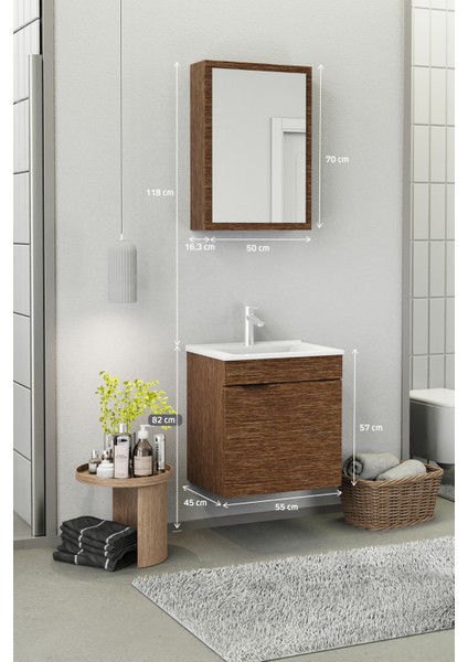 Fix Loft 55 Cm Banyo Dolabı,Seramik Lavabolu, Aynalı,Lavabo Dahil,Mdf,Aybe Kahve modelleri