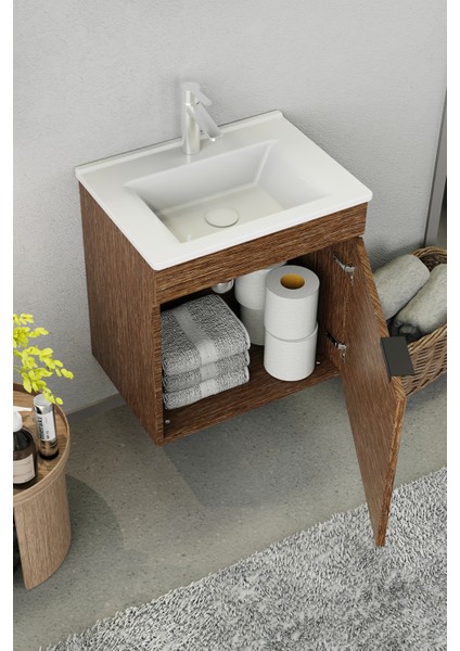 Fix Loft 55 Cm Banyo Dolabı,Seramik Lavabolu, Aynalı,Lavabo Dahil,Mdf,Aybe Kahve indirimleri