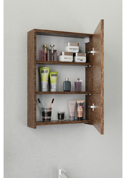 Fix Loft 55 Cm Banyo Dolabı,Seramik Lavabolu, Aynalı,Lavabo Dahil,Mdf,Aybe Kahve
