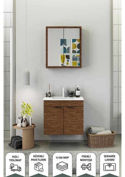 Fix Loft 65 Cm Banyo Dolabı,Seramik Lavabolu, Aynalı,Lavabo Dahil,Mdf,Aybe Kahve