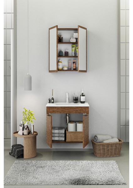 Fix Loft 65 Cm Banyo Dolabı,Seramik Lavabolu, Aynalı,Lavabo Dahil,Mdf,Aybe Kahve fiyatları