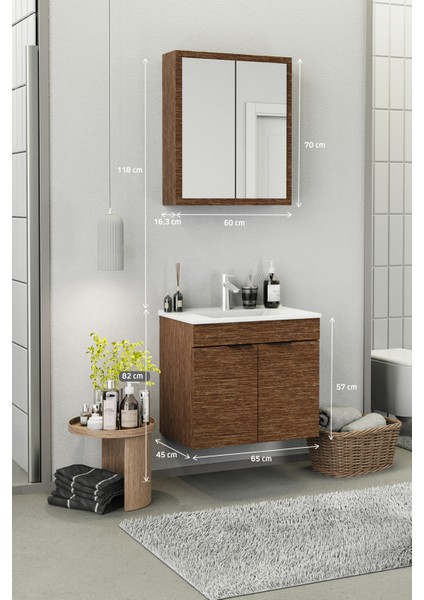 Fix Loft 65 Cm Banyo Dolabı,Seramik Lavabolu, Aynalı,Lavabo Dahil,Mdf,Aybe Kahve modelleri