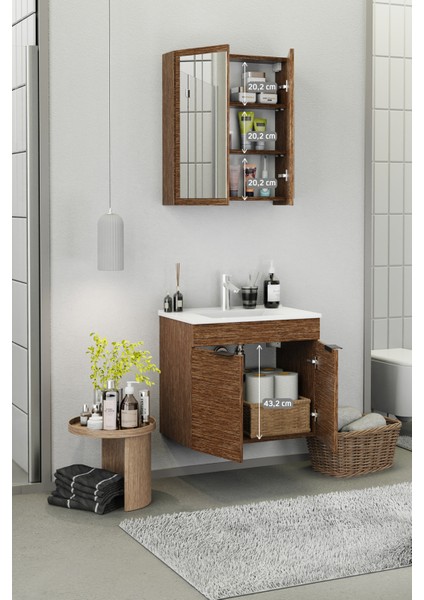 Fix Loft 65 Cm Banyo Dolabı,Seramik Lavabolu, Aynalı,Lavabo Dahil,Mdf,Aybe Kahve fırsatları