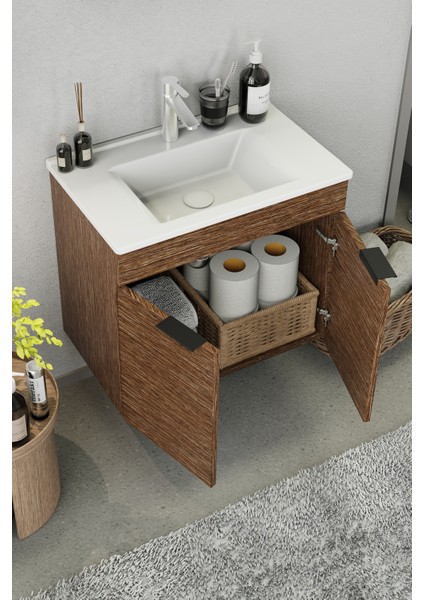 Fix Loft 65 Cm Banyo Dolabı,Seramik Lavabolu, Aynalı,Lavabo Dahil,Mdf,Aybe Kahve indirimleri
