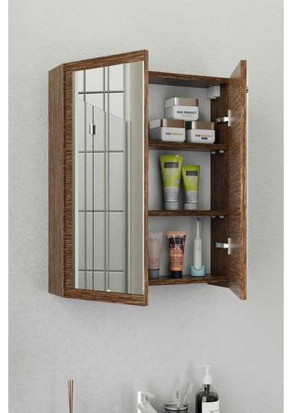 Fix Loft 65 Cm Banyo Dolabı,Seramik Lavabolu, Aynalı,Lavabo Dahil,Mdf,Aybe Kahve