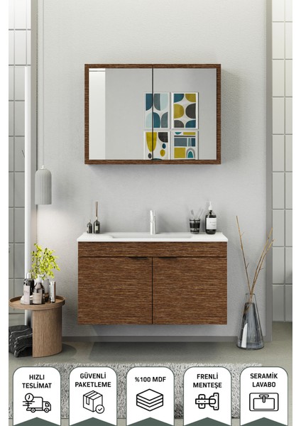 Fix Loft 100 Cm Banyo Dolabı,Seramik Lavabolu, Aynalı,Lavabo Dahil,Mdf,Aybe Kahve