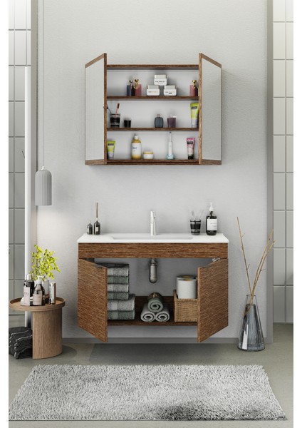 Fix Loft 100 Cm Banyo Dolabı,Seramik Lavabolu, Aynalı,Lavabo Dahil,Mdf,Aybe Kahve fiyatları