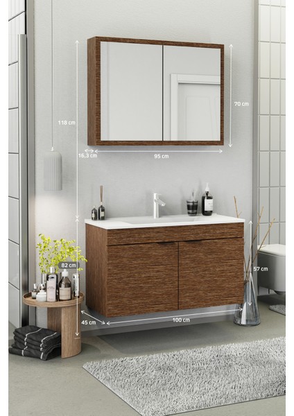 Fix Loft 100 Cm Banyo Dolabı,Seramik Lavabolu, Aynalı,Lavabo Dahil,Mdf,Aybe Kahve modelleri