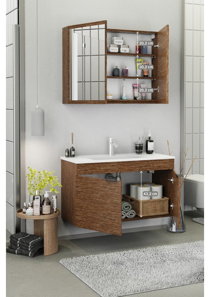 Fix Loft 100 Cm Banyo Dolabı,Seramik Lavabolu, Aynalı,Lavabo Dahil,Mdf,Aybe Kahve fırsatları