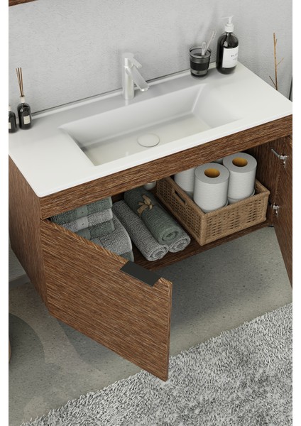 Fix Loft 100 Cm Banyo Dolabı,Seramik Lavabolu, Aynalı,Lavabo Dahil,Mdf,Aybe Kahve indirimleri