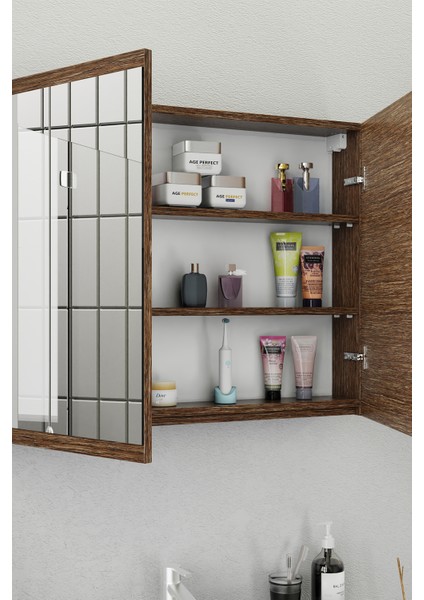 Fix Loft 100 Cm Banyo Dolabı,Seramik Lavabolu, Aynalı,Lavabo Dahil,Mdf,Aybe Kahve