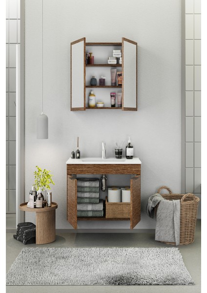 Fix Loft 85 Cm Banyo Dolabı,Seramik Lavabolu, Aynalı,Lavabo Dahil,Mdf,Aybe Kahve fiyatları