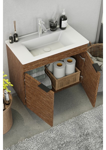 Fix Loft 85 Cm Banyo Dolabı,Seramik Lavabolu, Aynalı,Lavabo Dahil,Mdf,Aybe Kahve indirimleri