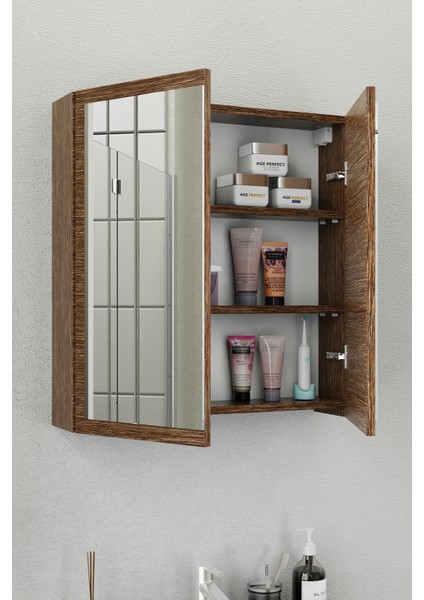 Fix Loft 85 Cm Banyo Dolabı,Seramik Lavabolu, Aynalı,Lavabo Dahil,Mdf,Aybe Kahve