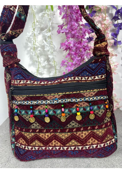 Bordo Etnik Desenli Dokuma Kilim Omuz Çantası – Boncuk ve Pul Detaylı Bohem Çanta indirimleri