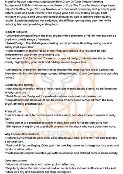 Isı Ayarlamalı Fön Için Difüzör Vigo Başlık Dönerli Profesyonel fırsatları