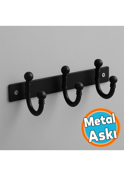 Metal Askı Siyah 3'lü Birleşik Askı Vestiyer Duvar Monteli Dolap Askılığı Vidalı Elbise Asma 1 Adet