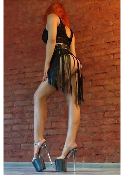 Dalgalı Püsküllü Deri Etek, Deri Püsküllü Etek, Partiwear, Festivalwear - BRF1328