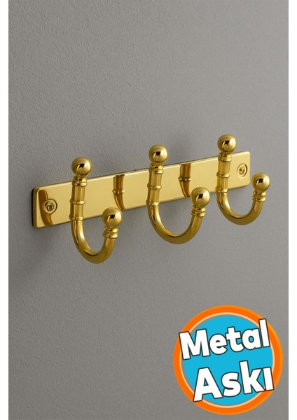 Metal 3'lü Askı Birleşik Vestiyer Duvar Monteli Askı Dolap Askılığı Vidalı Gold Elbise Askısı 1 Adet