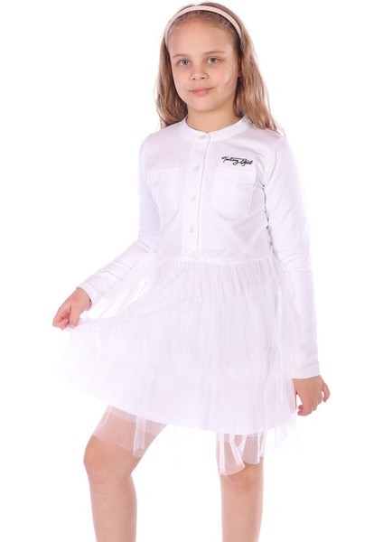 Kız Çocuk Düğmeli Toontoy Girl Nakışlı Tüllü Elbise