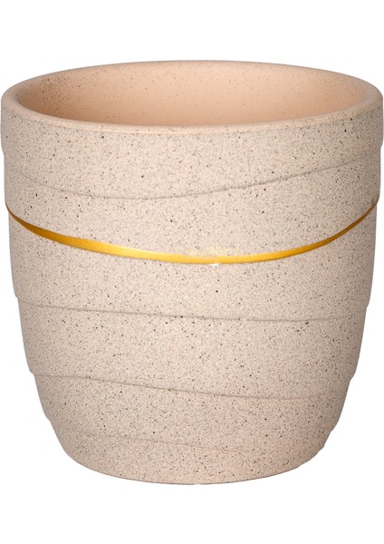 Seramik Saksı Gold Şeritli Bej 12X11,5 Cm.
