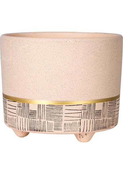 Seramik Saksı Gold Şeritli Desenli Bej 12X10 Cm.