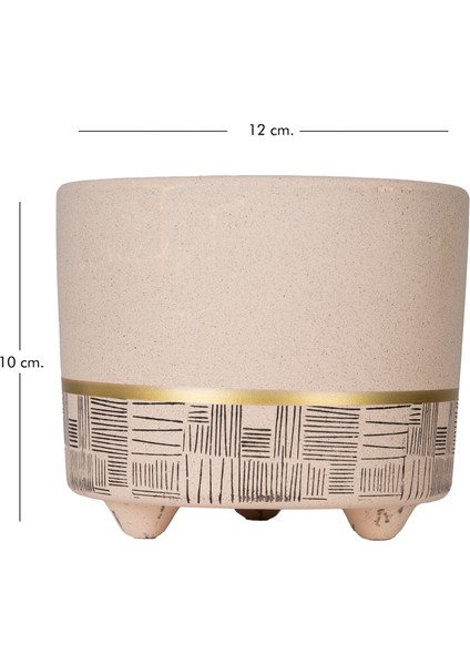 Seramik Saksı Gold Şeritli Desenli Bej 12X10 Cm.