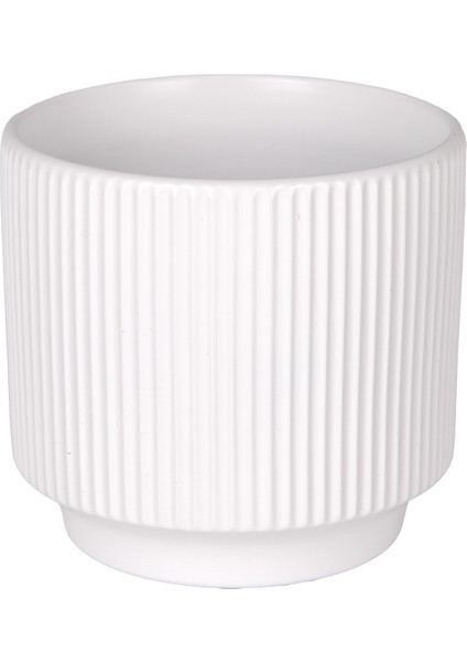 Seramik Saksı Dikey Kabartma Çizgili Beyaz 12,5X12 Cm.