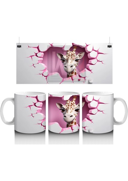 Duvar Arasında Beliren Sevimli Zürafa Figürü - Baskılı Kahve Kupası