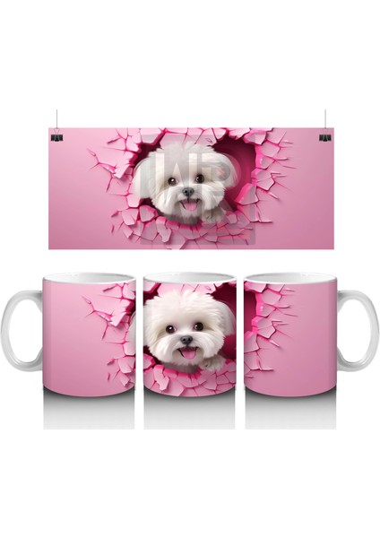 Pembe Çatlak Duvar Arasında Gülümseyen Beyaz Terrier - Baskılı Kahve Kupası