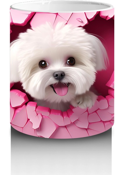 Pembe Çatlak Duvar Arasında Gülümseyen Beyaz Terrier - Baskılı Kahve Kupası modelleri